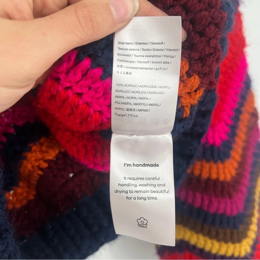 Farm Rio Colorful Waves Rainbow Handmade Crochet Balloon Sleeve Sweater Small - Picture 9 of 10